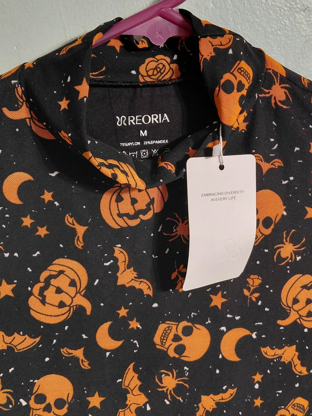 Halloween Skull & Pumpkin Turtleneck Top - Orange on Black - Picture 3 of 3